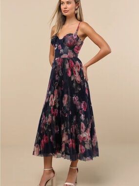 Lulu's Navy Floral Pleated Midi Dress with Pink Blooms